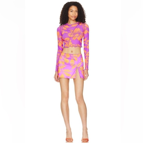 AFRM Women Tropical Floral Mesh 2 Piece Set Crop Top Mini Skirt Size Medium - Picture 5 of 7